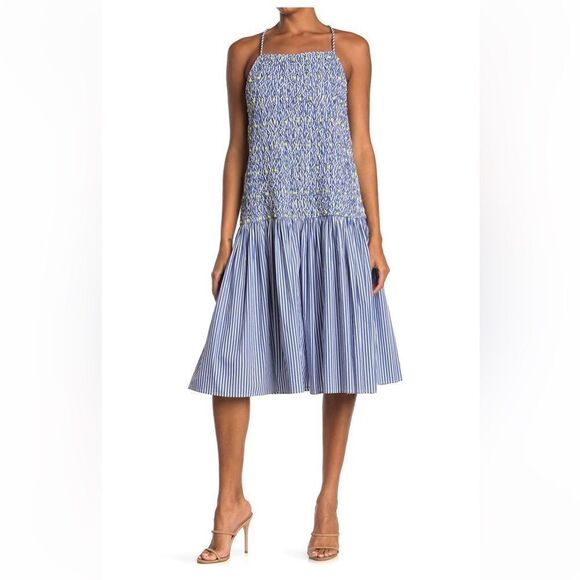 $465 NEW TANYA TAYLOR BLUE STRIPED MIDI DRESS Medium and Large, NWT - Picture 1 of 14